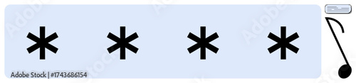 Four black asterisks symbolizing hidden passwords and a digital key icon on a light blue background. Ideal for cybersecurity, privacy, authentication, encryption, data protection, digital access