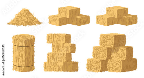 A collection of illustrations of hay bales and a pile of straw in various shapes and arrangements.