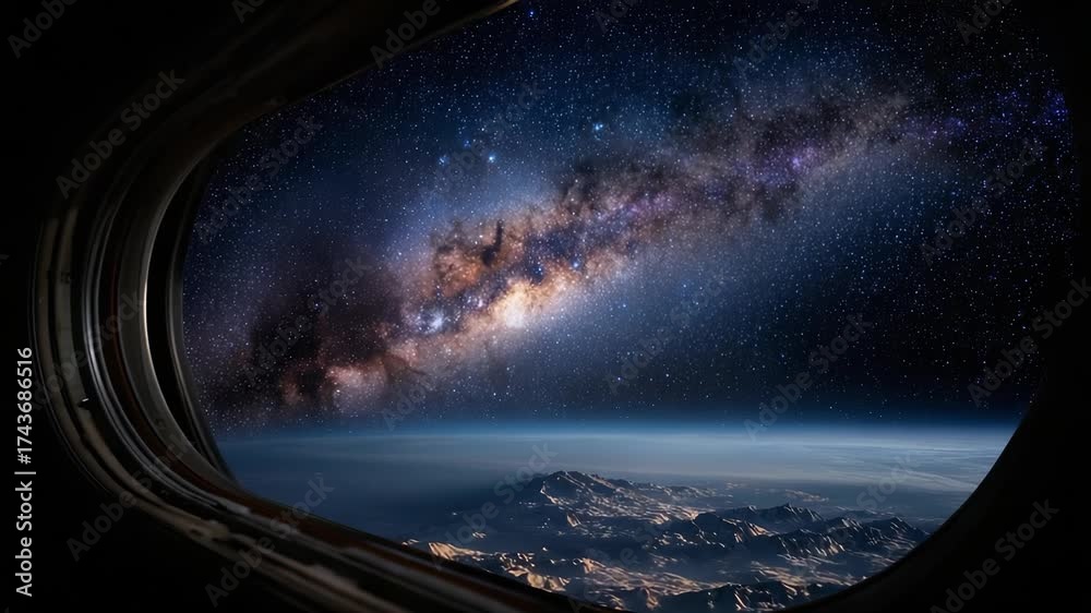 Earth's horizon with snowy mountains and a starry sky; the Milky Way ...