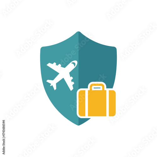 Shield with airplane and luggage symbolizing travel protection.