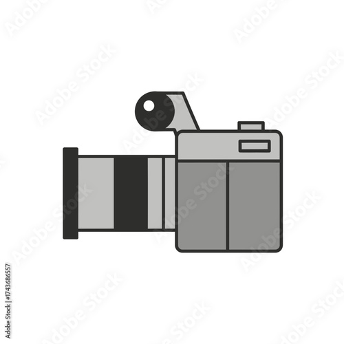 A simple illustration of a camera with a lens and flash.