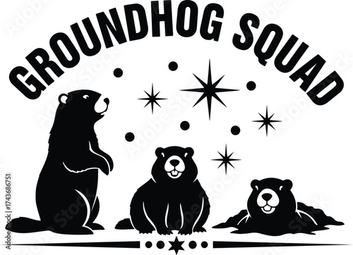 "Groundhog Squad – Trio of Groundhog Silhouettes with Stars Celebrating Groundhog Day, Nature Humor & Woodland Unity"