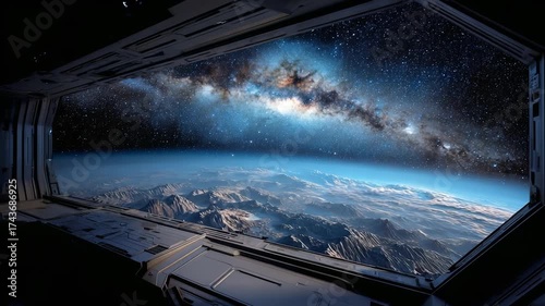 Earth's horizon and mountains seen from a space station window, under a starry sky with the Milky Way overhead.