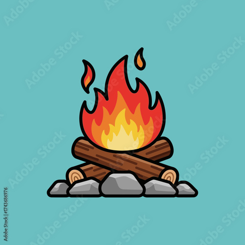 Campfire with burning logs and stones on a blue background.