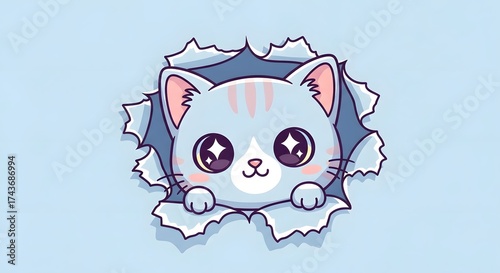 Cute cartoon cat peeking through torn paper with big eyes