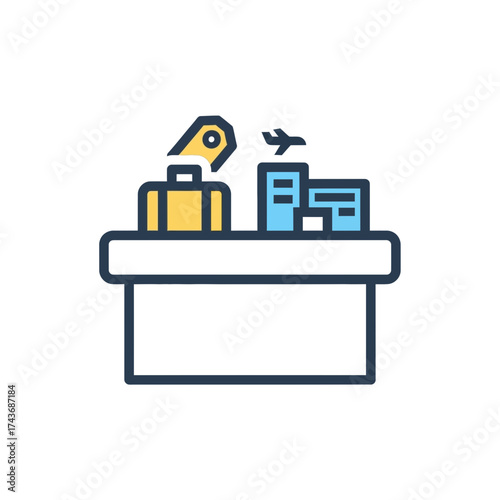 Airport check-in counter with luggage and airplane.
