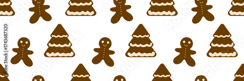 Cute seamless gingerbread cookie pattern featuring alternating gingerbread men and Christmas trees with white icing, perfect for holiday wrapping paper or kids decor.