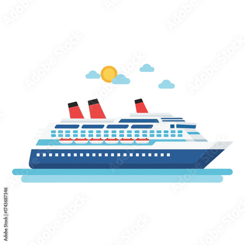 Large cruise ship sailing on the water under a sunny sky.
