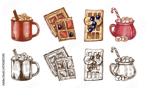 Hand drawn vintage sketch of waffles and hot chocolate with marshmallows in color and monochrome version