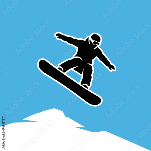 Snowboarder performs aerial trick against blue sky and snowy mountain.