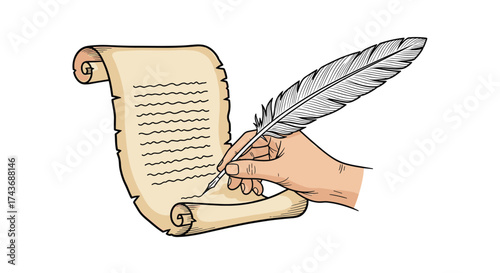 A hand holding a quill pen writing on a parchment scroll.