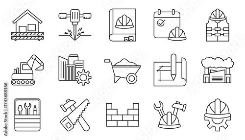 Comprehensive collection of linear construction and engineering icons representing industrial development, architectural design, and skilled trade services