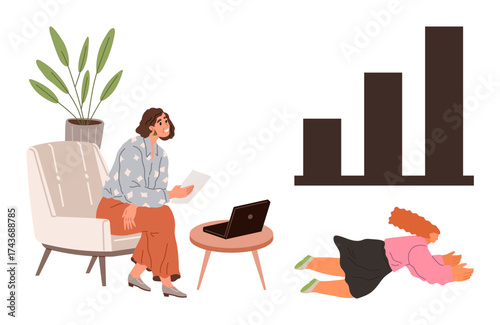 Woman working on a laptop in a cozy space while her child plays nearby. Ideal for work-life balance, parenting, remote work, productivity, multitasking, family life, simple flat metaphor