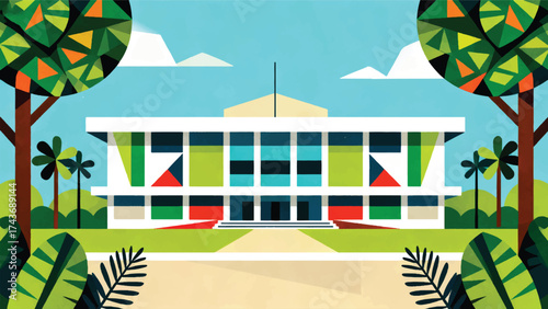 Illustration Of Belmopan, A Simple Government Building With Tropical Trees Surrounding It In A Bright Atmosphere Vector Design Template