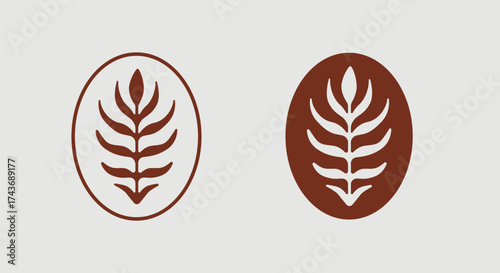 Framed botanical leaf vector logo in brown tones, ideal for organic, modern and vintage-themed graphic design.