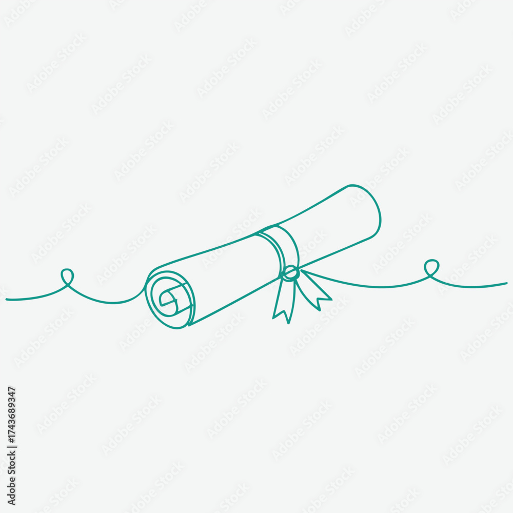 Obraz premium Minimalist Line Drawing of a Rolled Diploma with Ribbon and Decorative String for Graduation or Achievement Celebration