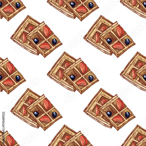 Hand drawn vintage seamless pattern of sweet waffles with strawberries and blueberries in color and monochrome version