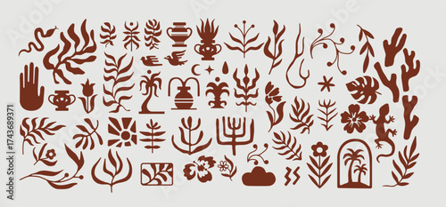 Extensive terracotta vector bundle with tropical, botanical and abstract elements for aesthetic minimal design and nature-themed decor.