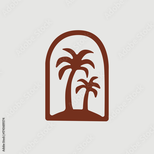 Hand drawn palm tree logo in brown tones, representing a tropical island vibe for travel, summer branding or decor.