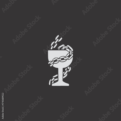 Modern chalice icon entwined with chains, symbolizing restriction and mysticism in minimalist black and white vector style