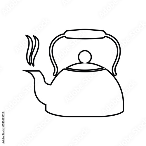 Outline drawing shows a boiling kettle with steam coming from spout on white background