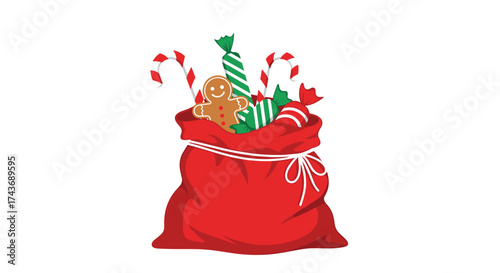 A festive red sack overflowing with delightful holiday treats including gingerbread cookies candy canes and wrapped candies.