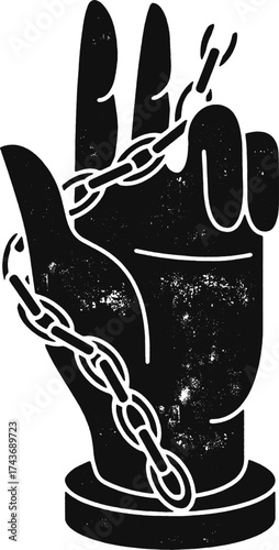 Vector illustration of a stylized hand wrapped in chains, symbolizing oppression and spiritual captivity in a textured gothic style