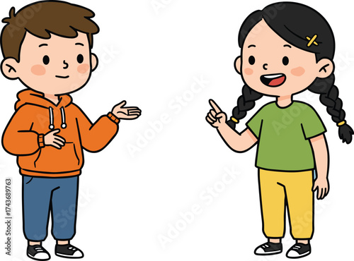Cute cartoon illustration of happy boy and girl talking together, children communication concept, friendship interaction, casual clothing, vector design isolated.