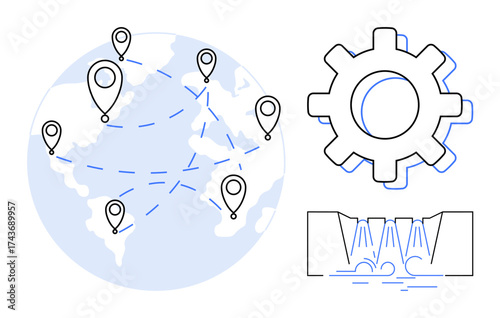 Earth with location markers and dotted paths, gear for process optimization, flowchart of fluid distribution. Ideal for teamwork, engineering, logistics, globalization, networking, industry resource