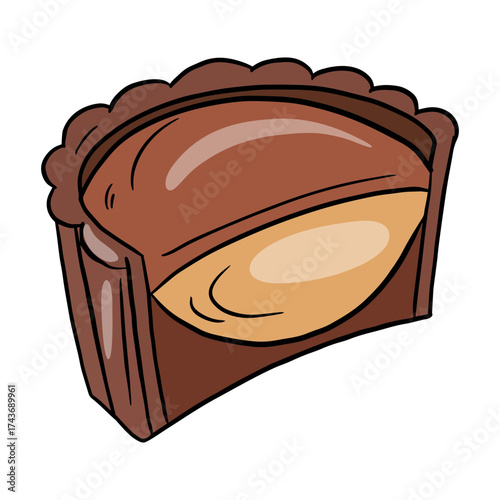 Vector image of a chocolate candy cut in half with fudge