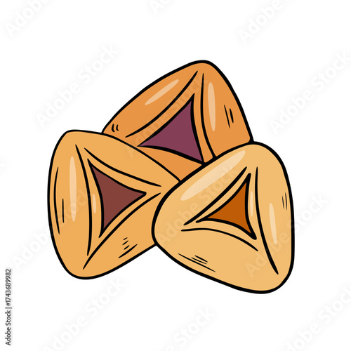 Illustration of a triangular shortbread cookie with berry jam inside.