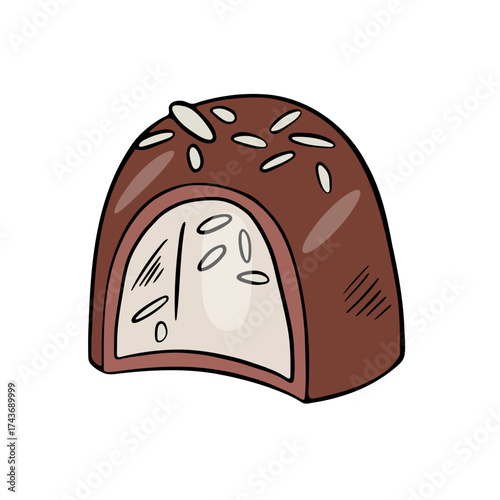 Vector illustration of a chocolate candy with seeds and fudge