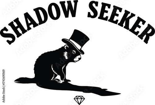 "Shadow Seeker – Groundhog with Top Hat & Shadow Silhouette Design Celebrating Groundhog Day, Seasonal Symbolism & Nature Humor"