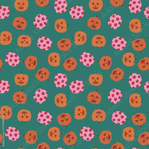 Pumpkins on green retro Halloween seamless pattern design