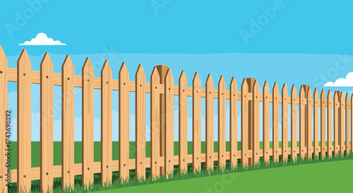 A wooden picket fence borders a green grassy lawn under a bright blue sky with fluffy white clouds.