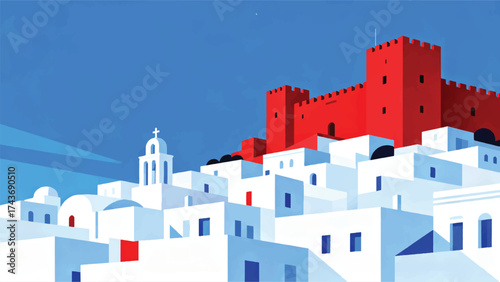 Illustration Of Red Fort With White Mediterranean Buildings And Clear Blue Sky Vector Design Template