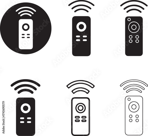 Black remote control icons with signal waves on transparent background silhouette