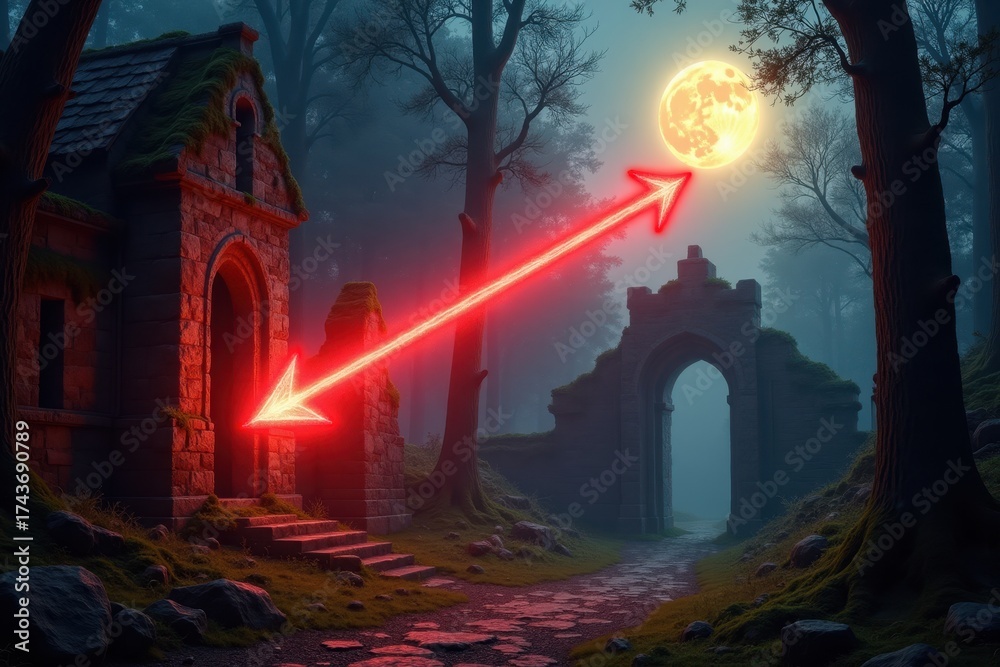 Fototapeta premium A magical red arrow of pure light streaks through a dark enchanted forest. It flies towards ancient, moss-covered ruins under a glowing full moon