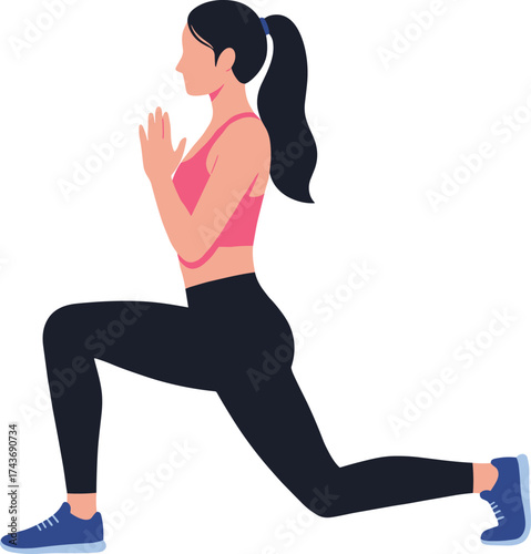 Fitness woman doing lunge exercise in sportswear, workout training illustration for healthy lifestyle, gym activity, stretching and body strength concept.
