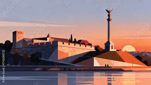 Illustration Of Kalemegdan Fortress, Evening Atmosphere On The River Bank With The Towering Pobednik Statue Vector Design Template