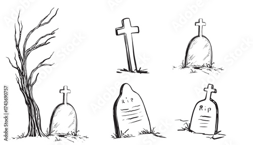 Collection of tombstone and cross and tree line art ink vectors, perfect for Halloween, cemetery, death, or gothic-themed hand drawn illustrations, posters, cards, and spooky design elements.