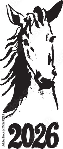 Black silhouette of a horse's head on a white background. The symbol of the year 2026. Vector