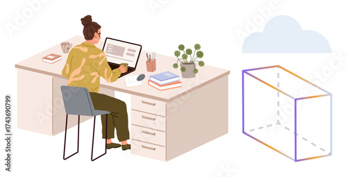 Person at desk using laptop, surrounded by office items and a plant, with cloud and transparent 3D cube. Ideal for technology, work, productivity, cloud computing, creativity, design and innovation