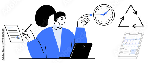 Businesswoman managing tasks with a pen, document, laptop, clock, report chart, and recycle arrows. Ideal for time management, productivity, organization planning workflow sustainability team