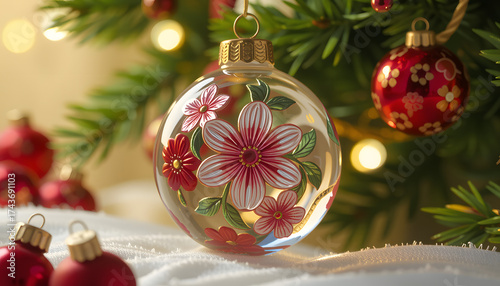 glass bauble with floral motif, transparent shine, soft reflection