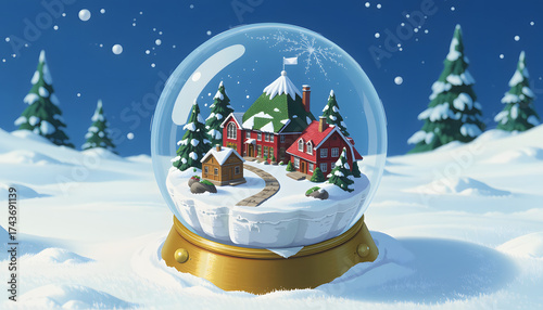snow globe with tiny village, gold base, swirling snow