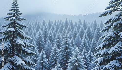 snowfall over pine forest panorama, tranquil cool palette