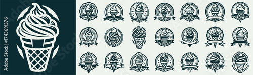 Collection of ice cream cone logos in various circular and badge-like designs, perfect for branding.