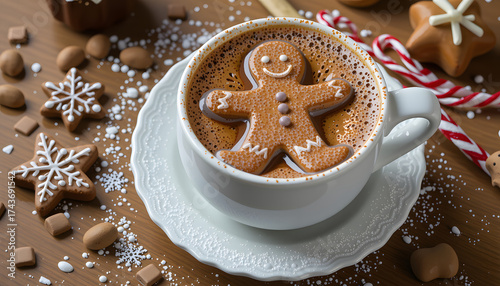 hot chocolate with gingerbread man on wooden table, icing sugar dust