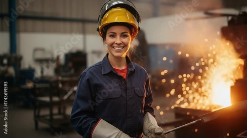 young woman welder smiling in industrial factory